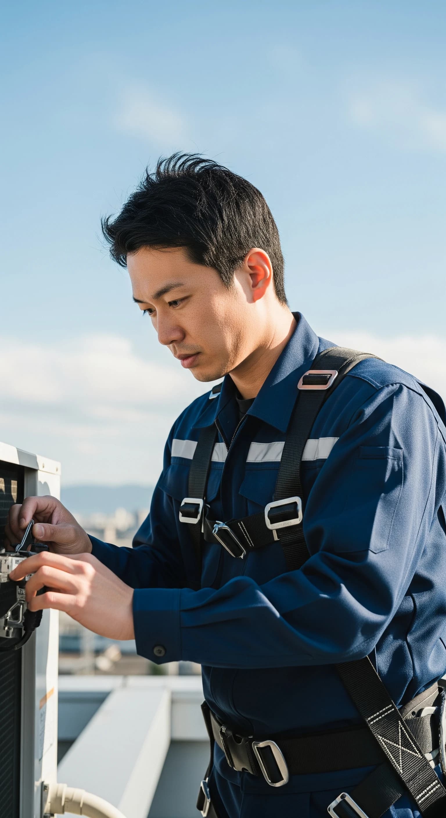 業務用空調機を点検するサービスエンジニア