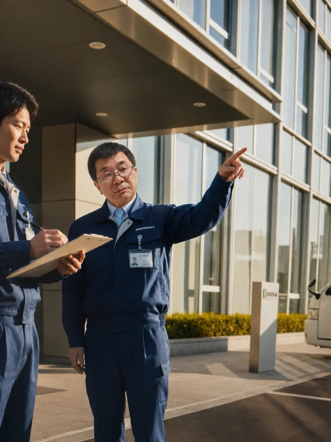 朝の現場で打ち合わせをする整備士